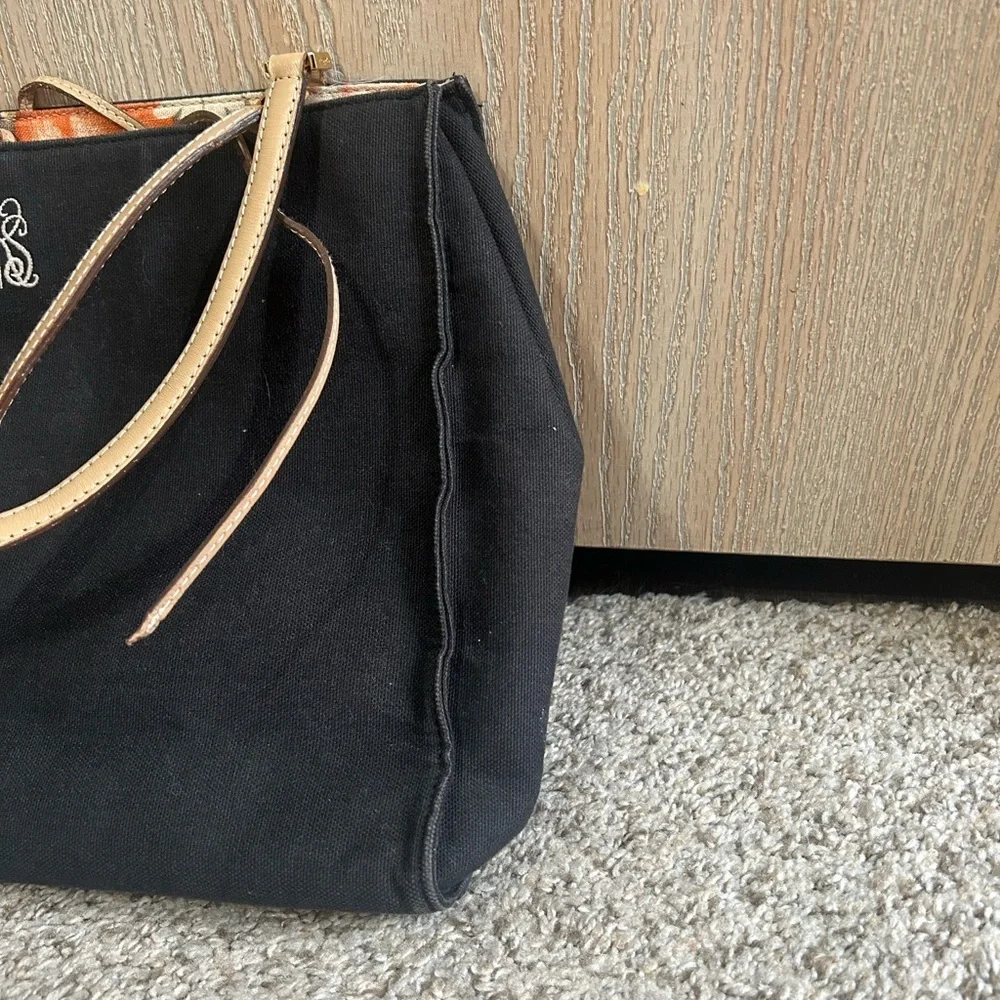 Kate Spade Linen Canvas Tote Bag Monogram Black Tan Travel Shoulder Floral Lined